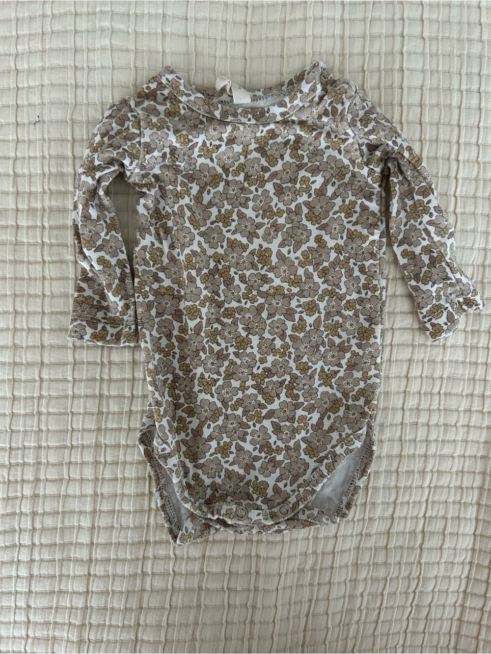 Quincy Mae Long Sleeve Floral One-Piece Bodysuit in Cream and Brown